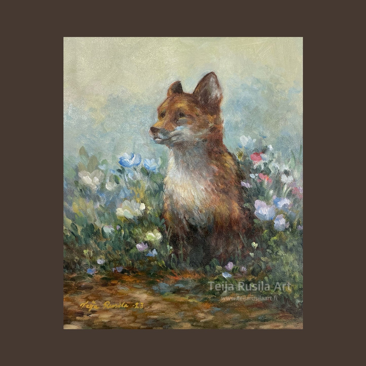 Teija Rusila Art | Taulu | Taideteos - Kukkapenkin komistus - đź’š35