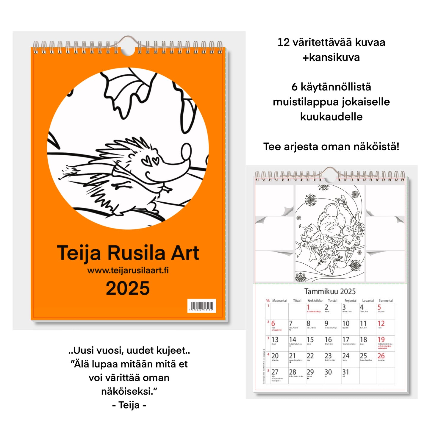 Teija Rusila Art | Kalenteri | Väritettävä seinäkalenteri | A4 | 🇫🇮