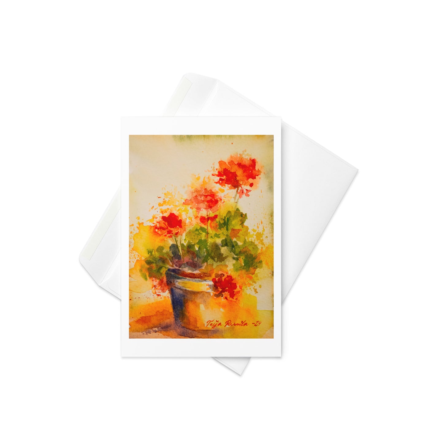 Teija Rusila Art | W | Postcard | Päivän pelargoni | Kaksiosainen postikortti | Onnittelukortti | Syntymäpäiväkortti | Tilaustuote