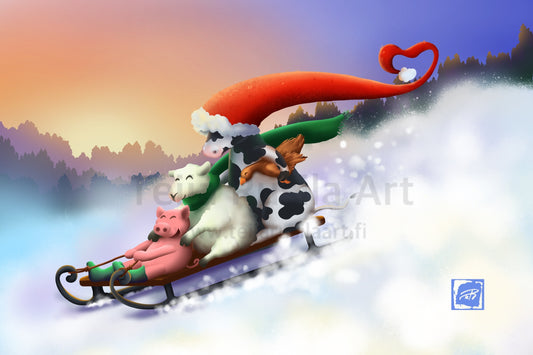 Teija Rusila Art | In the sled of joy | Suomiruokaa Ry | Support Card | Christmas card