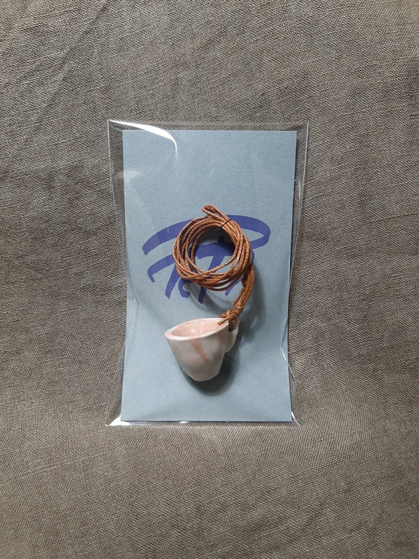 Teija Rusila Art. Ceramic coffee cup necklace (pink/brown ribbon)