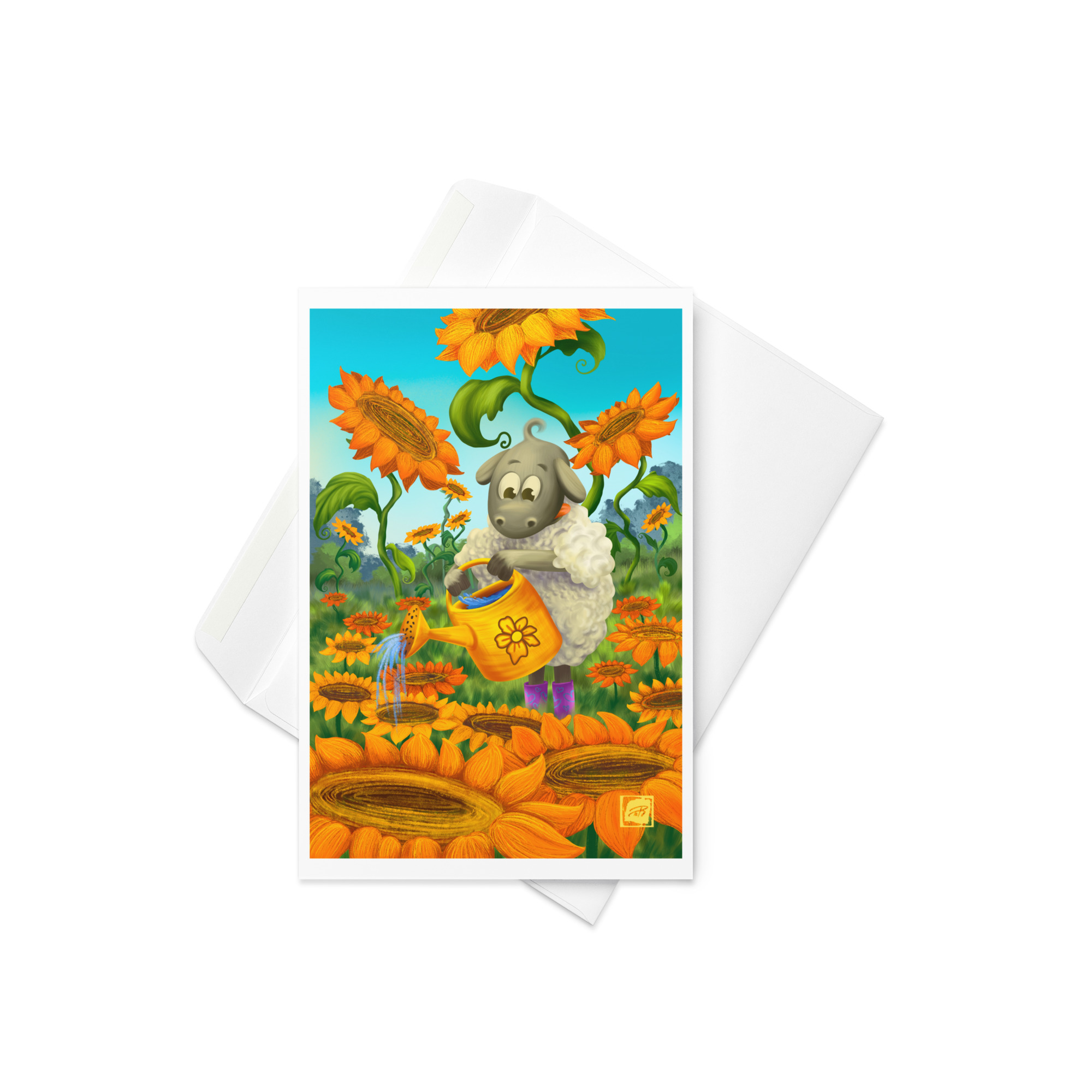 Teija Rusila Art | Greeting card | Kaksiosainen lammas-kortti | Pikku puutarhuri
