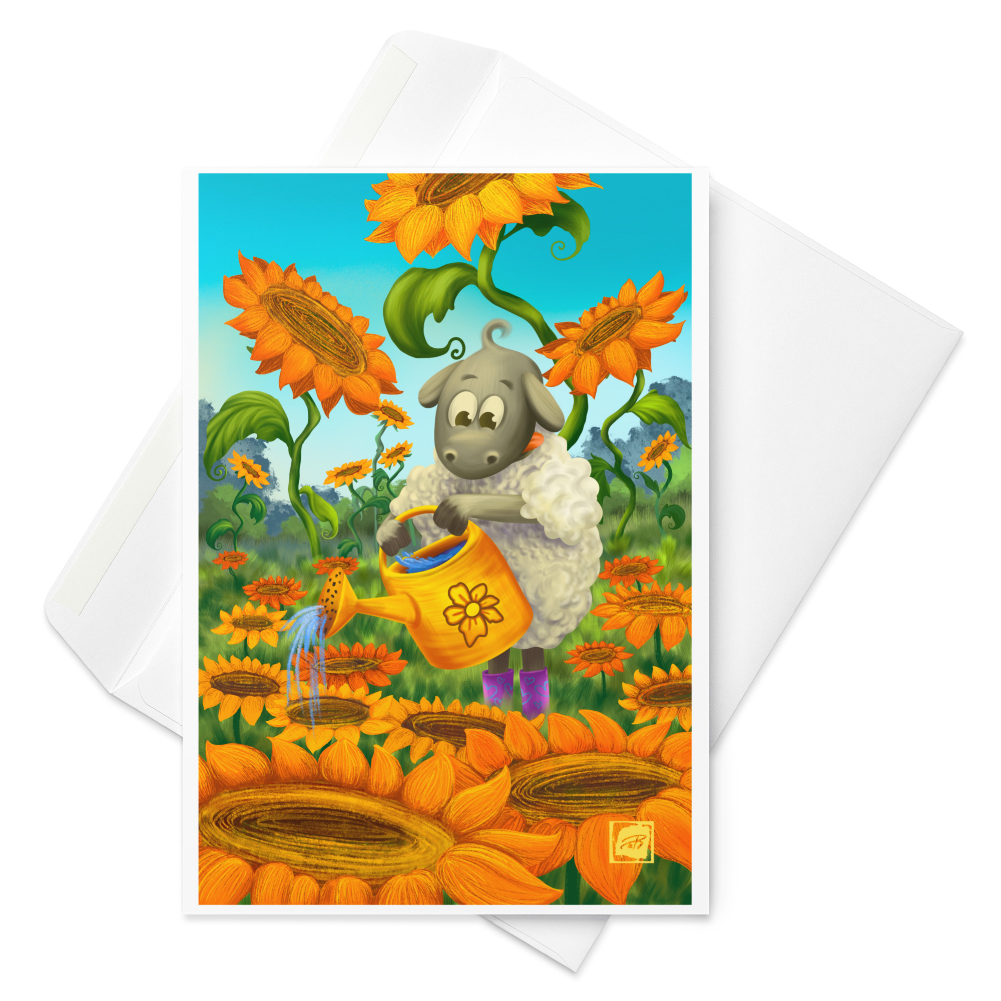 Teija Rusila Art | Greeting card | Kaksiosainen lammas-kortti | Pikku puutarhuri - Image 2