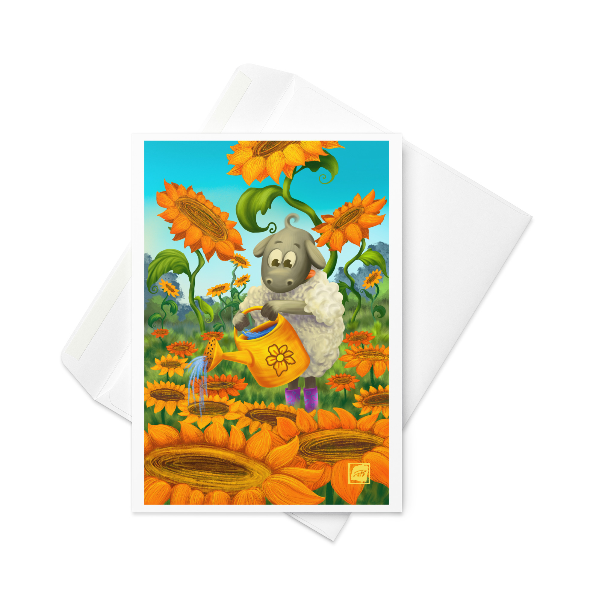 Teija Rusila Art | Greeting card | Kaksiosainen lammas-kortti | Pikku puutarhuri - Image 3